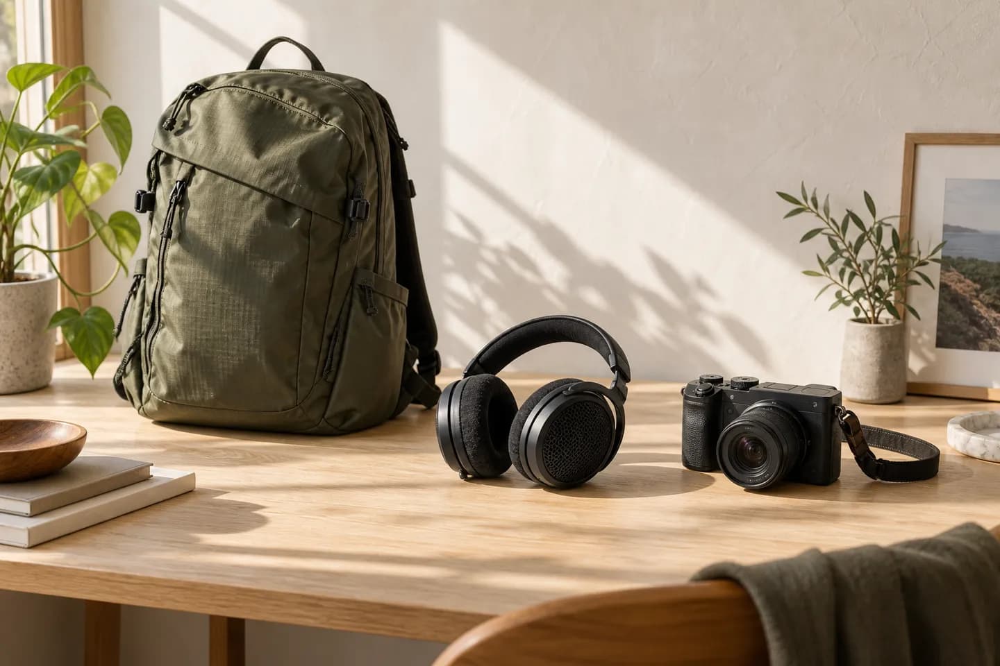 A backpack, headphones, and camera on a sunlit desk.